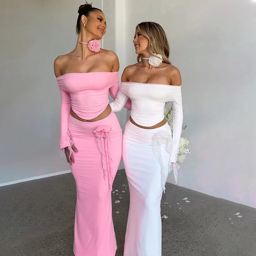 Load image into Gallery viewer, Elegant Halter 3D Flower Two Piece Sets Women Fashion Off-shoulder Tops And Maxi Skirt Matching Sets Bodycon Sexy Dress
