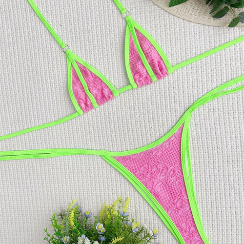 Load image into Gallery viewer, Halter Bikini Pink Patchwork Female Thong Swimsuit 2024 Bandage Women Swimwear Sexy Bikini Set Bathing Suit
