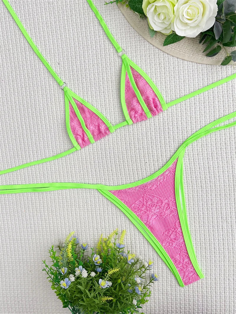 Halter Bikini Pink Patchwork Female Thong Swimsuit 2024 Bandage Women Swimwear Sexy Bikini Set Bathing Suit