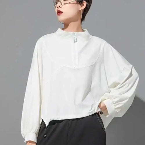 Load image into Gallery viewer, Women White Drawstring Zipper Big Size Casual T-shirt New Stand Collar Long Sleeve Fashion Tide Spring Autumn 2025 1DF6510
