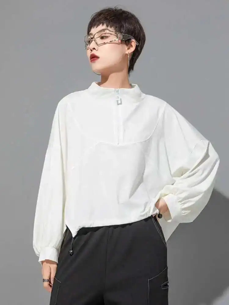 Women White Drawstring Zipper Big Size Casual T-shirt New Stand Collar Long Sleeve Fashion Tide Spring Autumn 2025 1DF6510