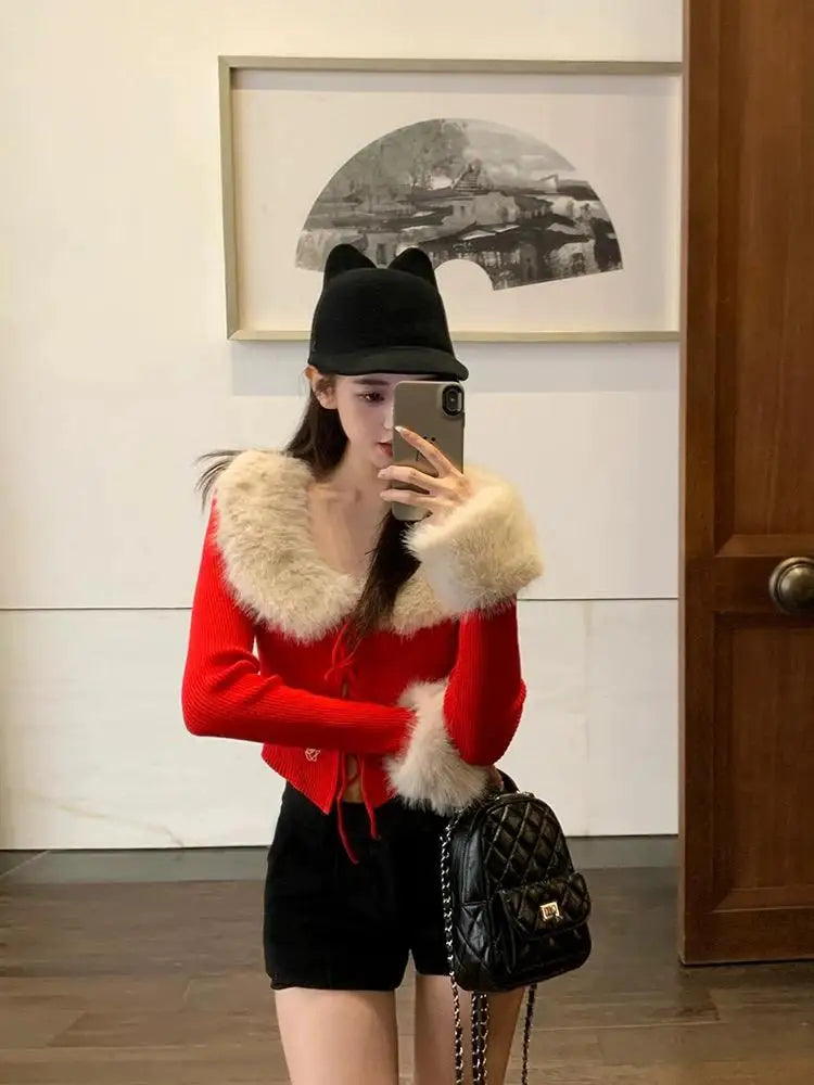 French Fashion Women Blue Long Sleeve Knitted Sweater 2024 New Autumn Winter Ladies Red Hairy Neck Lace-up Cardigan Tops Popular
