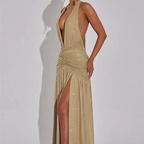 Load image into Gallery viewer, Glitter Deep V Neck Sexy Maxi Dress For Women 2025 Fashion Sparkle Halter Sleeveless Backless Split Club Long Dress
