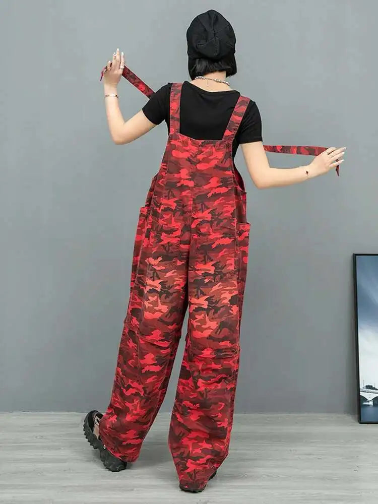 High Waist Red Camouflage Big Size Long Overalls Wide Leg Jeans New Women Trousers Fashion Tide Spring Autumn 2025 1DH9905