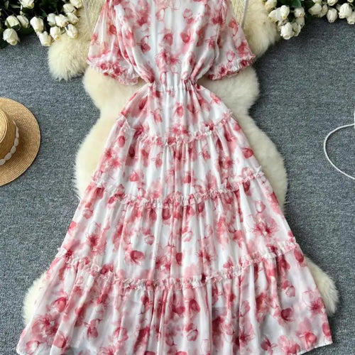 Load image into Gallery viewer, French Retro Women Floral Temperament V Neck Short Sleeved Ruffles Long Dress Summer Elegant Lace-up Party Pleated Dresses Boho
