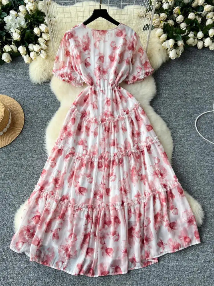 French Retro Women Floral Temperament V Neck Short Sleeved Ruffles Long Dress Summer Elegant Lace-up Party Pleated Dresses Boho