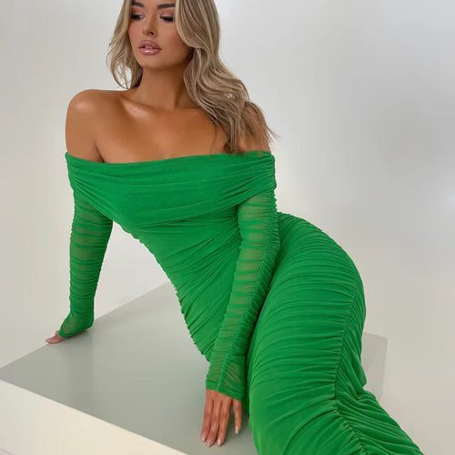 Load image into Gallery viewer, Off-shoulder Long Sleeve Sexy Maxi Dress For Women Autumn New Strapless Backless Bodycon Ruched Party Long Dress
