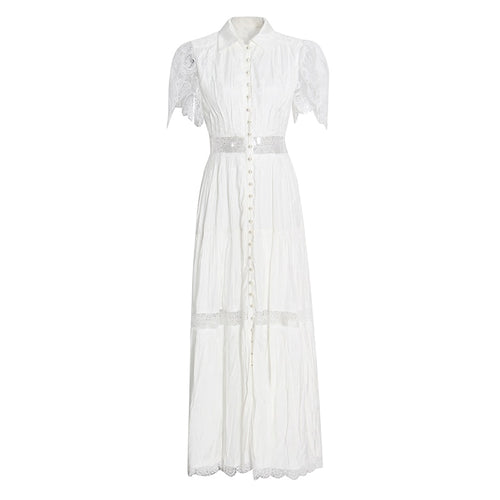 Load image into Gallery viewer, Lace Panel White Dress For Women Lapel Short Sleeve High Waist Solid Midi Dresses Female Summer Clothing
