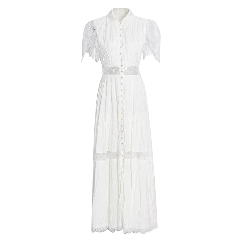 Lace Panel White Dress For Women Lapel Short Sleeve High Waist Solid Midi Dresses Female Summer Clothing