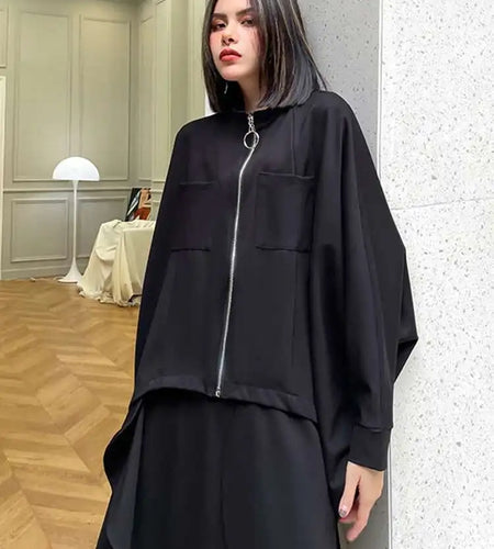 Loose Fit Black Big Size Casual Jacket New Stand Collar Long Batwing Sleeve Women Coat Fashion Spring Autumn 2025 1DF0668