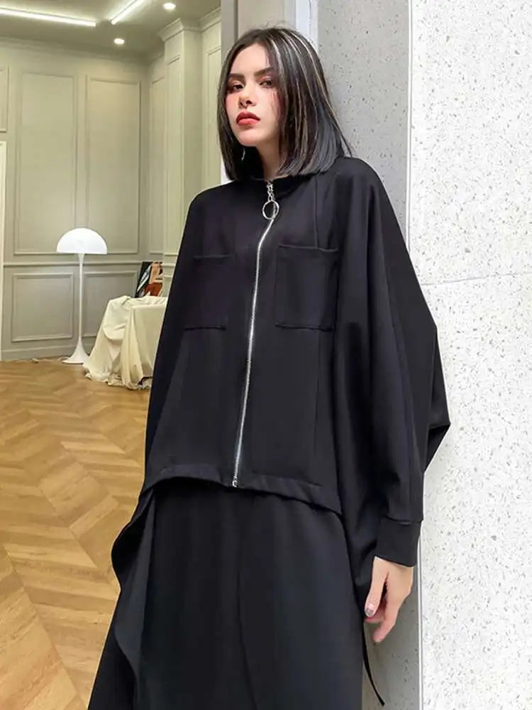 Loose Fit Black Big Size Casual Jacket New Stand Collar Long Batwing Sleeve Women Coat Fashion Spring Autumn 2025 1DF0668