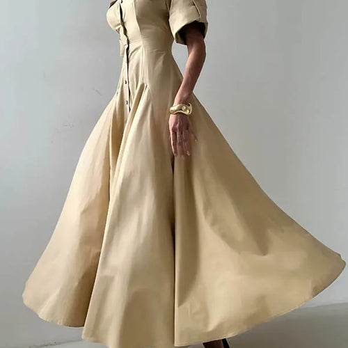 Load image into Gallery viewer, Summer Autumn khaki Shirts Maxi Dresses for Woman 2025 New Lapel Neck Buttoned Elegant Vintage A-line Long Dress Women
