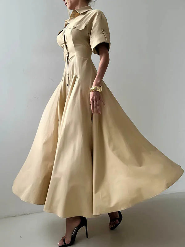 Summer Autumn khaki Shirts Maxi Dresses for Woman 2025 New Lapel Neck Buttoned Elegant Vintage A-line Long Dress Women