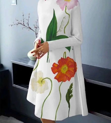 Autumn Fall Long Sleeves Dress for Female 2024 Clothes High Neck Printed Elegant Party Evening Flower Midi Dresses