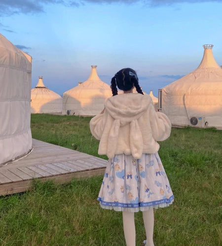 Cute Rabbit Ears Hooded Lolita Plush Jacket Women Autumn Winter New Thickened Warm Corner Buckle Mid-length Plush Jacket Student