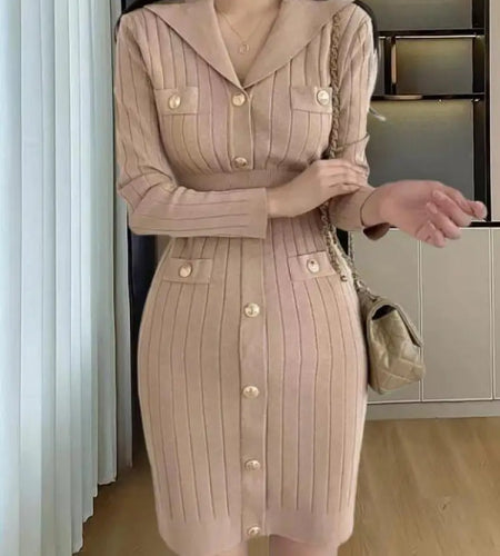 Women Khaki Single Breasted Long Sleeved Office Mini Dress Autumn Winter New Black V Neck Slim High Waist Knitted Short Dresses