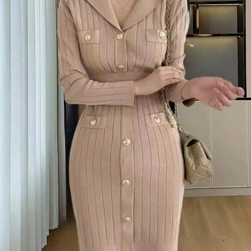 Load image into Gallery viewer, Women Khaki Single Breasted Long Sleeved Office Mini Dress Autumn Winter New Black V Neck Slim High Waist Knitted Short Dresses
