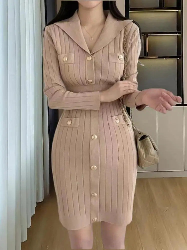 Women Khaki Single Breasted Long Sleeved Office Mini Dress Autumn Winter New Black V Neck Slim High Waist Knitted Short Dresses