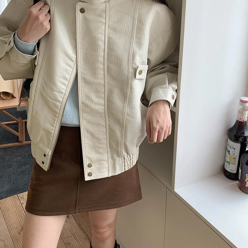 Load image into Gallery viewer, Solid Leather Temperament Coats For Women Stand Collar Long Sleeve Spliced Zipper Jackets Female Fashion Autumn
