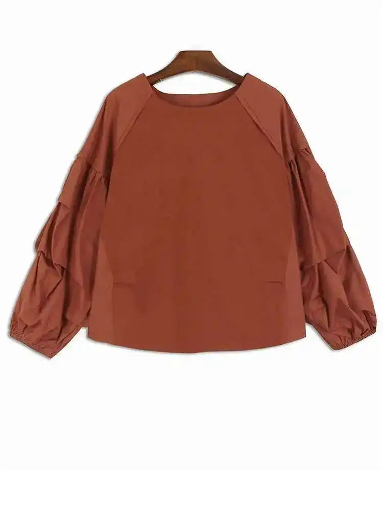 Women Green  Color-block Big Size T-shirt New Round Neck Long Lantern Sleeve Fashion Tide Spring Autumn 2025 1DH6792