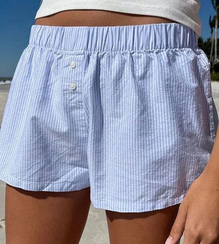 Striped Print Casual Shorts for Women Elastic Waist Fashion Button Bottoms Streetwear Chic Basic Y2K Loose Shorts