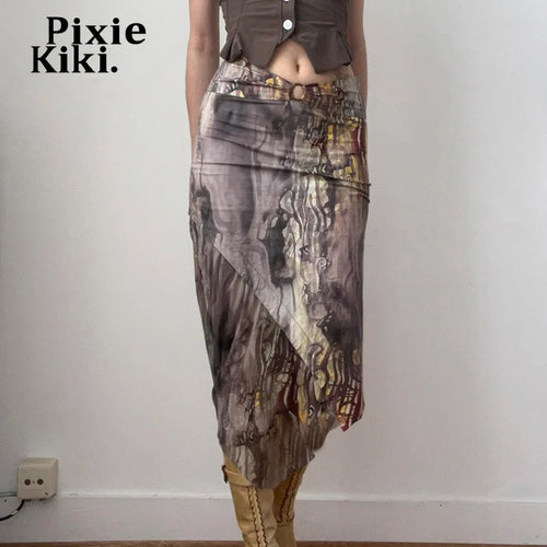 Load image into Gallery viewer, Brown Print Low Waisted Long Skirt Asymmetrical Y2k Trashy Skirts for Woman Vintage Clothes P67-CC30
