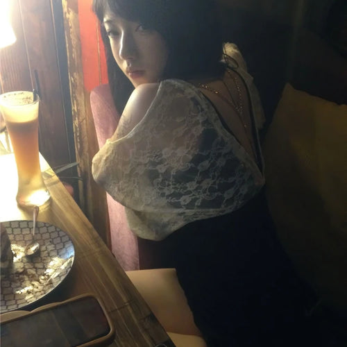 Load image into Gallery viewer, Summer Fake Two Pieces Lace Patchwork Women T-shirt Harajuku Off Shoulder Slim Fit Tops Y2k Aesthetic Grunge Ruffle Sleeve Tees
