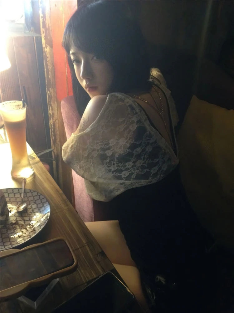 Summer Fake Two Pieces Lace Patchwork Women T-shirt Harajuku Off Shoulder Slim Fit Tops Y2k Aesthetic Grunge Ruffle Sleeve Tees