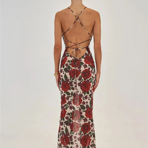 Load image into Gallery viewer, Spaghetti Strap Backless Print Dress For Women Fashion Deep V Neck Sleeveless Lace Up Bodycon Printed Sexy Long Dress
