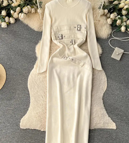 Women Beige Workwear Style Design Knit Dress Autumn Winter 2023 New Casual Half High Collar Black Pullover Office Lady Dress Y2k