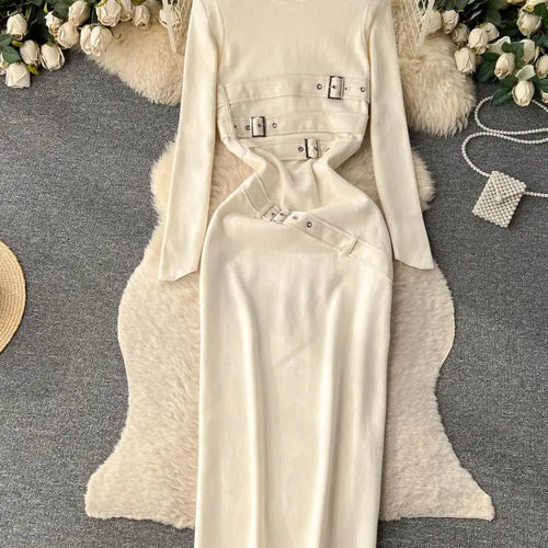 Load image into Gallery viewer, Women Beige Workwear Style Design Knit Dress Autumn Winter 2023 New Casual Half High Collar Black Pullover Office Lady Dress Y2k
