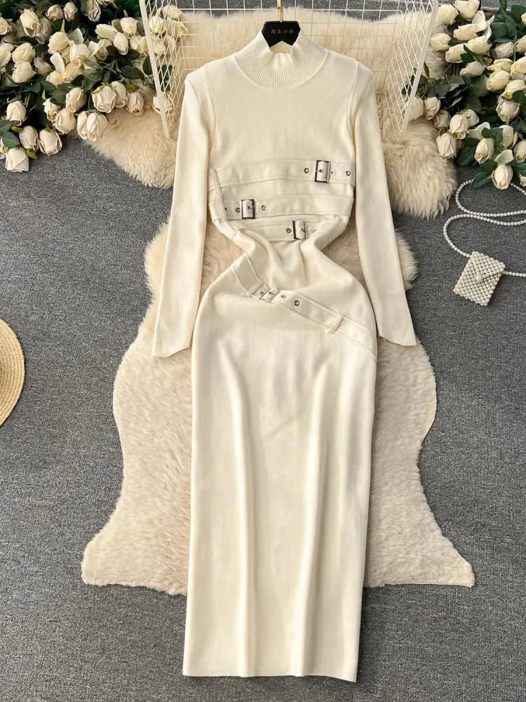 Women Beige Workwear Style Design Knit Dress Autumn Winter 2023 New Casual Half High Collar Black Pullover Office Lady Dress Y2k