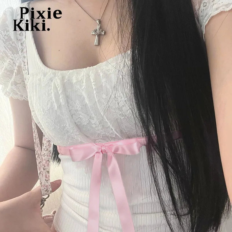 Lace Patchwork Square Neck Puff Sleeve T Shirt White Japanese 2000s Style Y2k Summer Tops Coquette Clothes P84-BH12