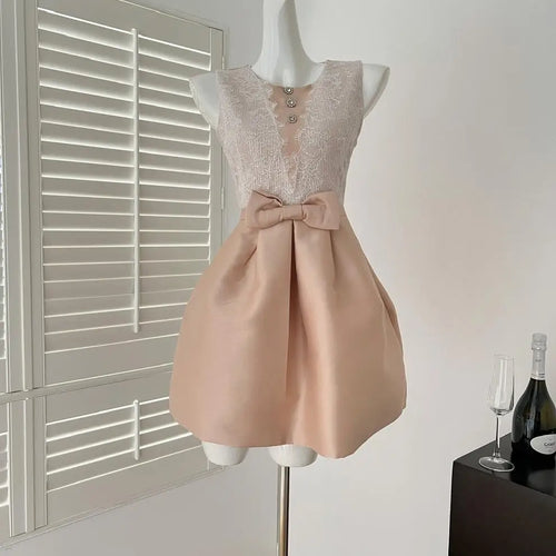 Load image into Gallery viewer, Summer French Sweet Brown Patchwork Lace Elegant Slim Bow Party Dress Women High Waist Sleeveless Princess Vest Short Dress Chic
