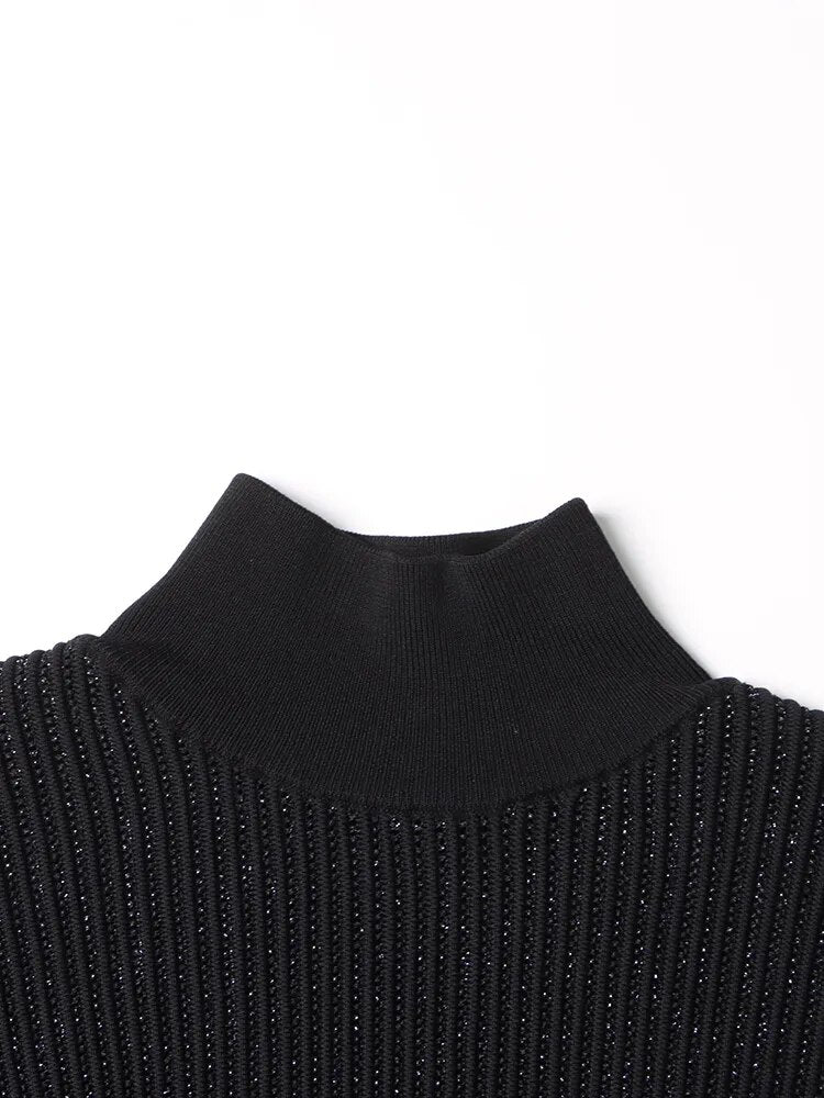 Solid Patchwork Folds Loose Knitting Sweaters For Women Turtleneck Lantern Sleeve Minimalist Sweater Female