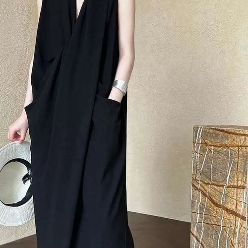 Load image into Gallery viewer, Women Orange Pocket Knot Elegant  Long Big Size Dress New V-Neck Sleeveless Fashion Tide Spring Summer 2025 1DH6380
