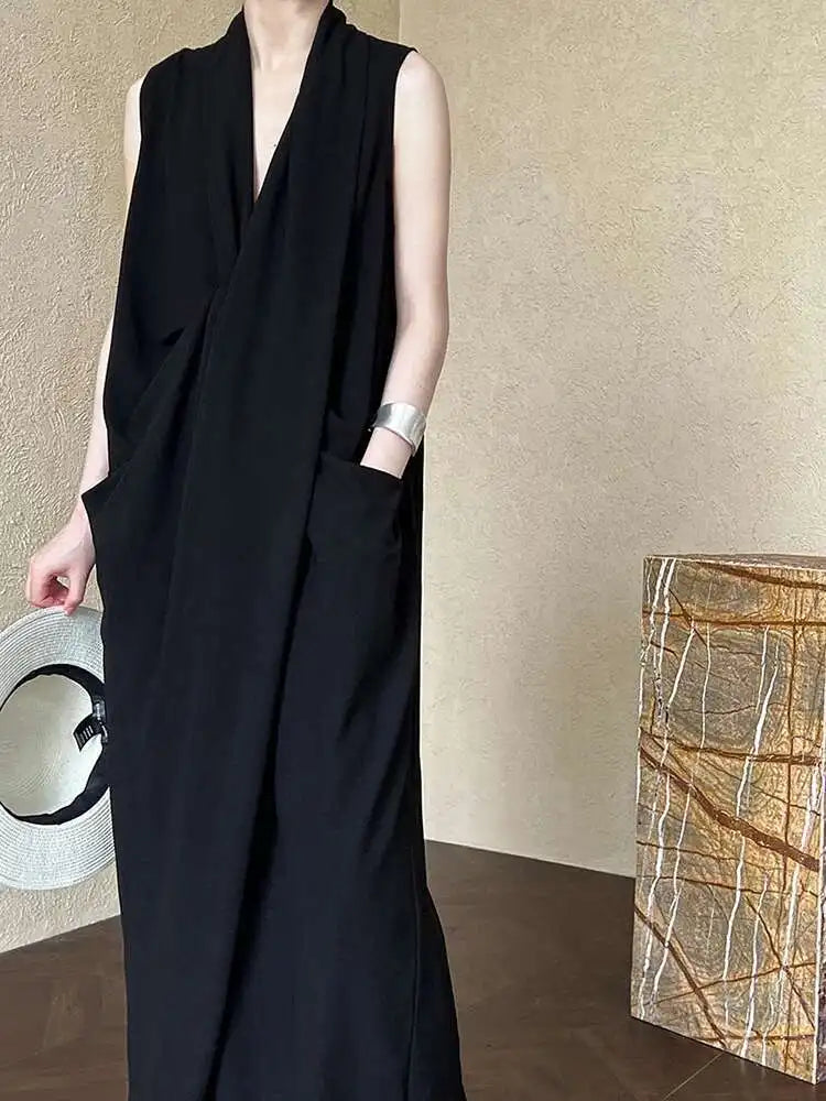 Women Orange Pocket Knot Elegant  Long Big Size Dress New V-Neck Sleeveless Fashion Tide Spring Summer 2025 1DH6380