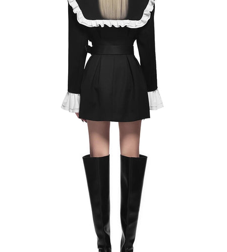 Hit Color Slimming Spliced Double Breasted Jackets for Women Peter Pan Collar Long Sleeves Fashion Jacket Female