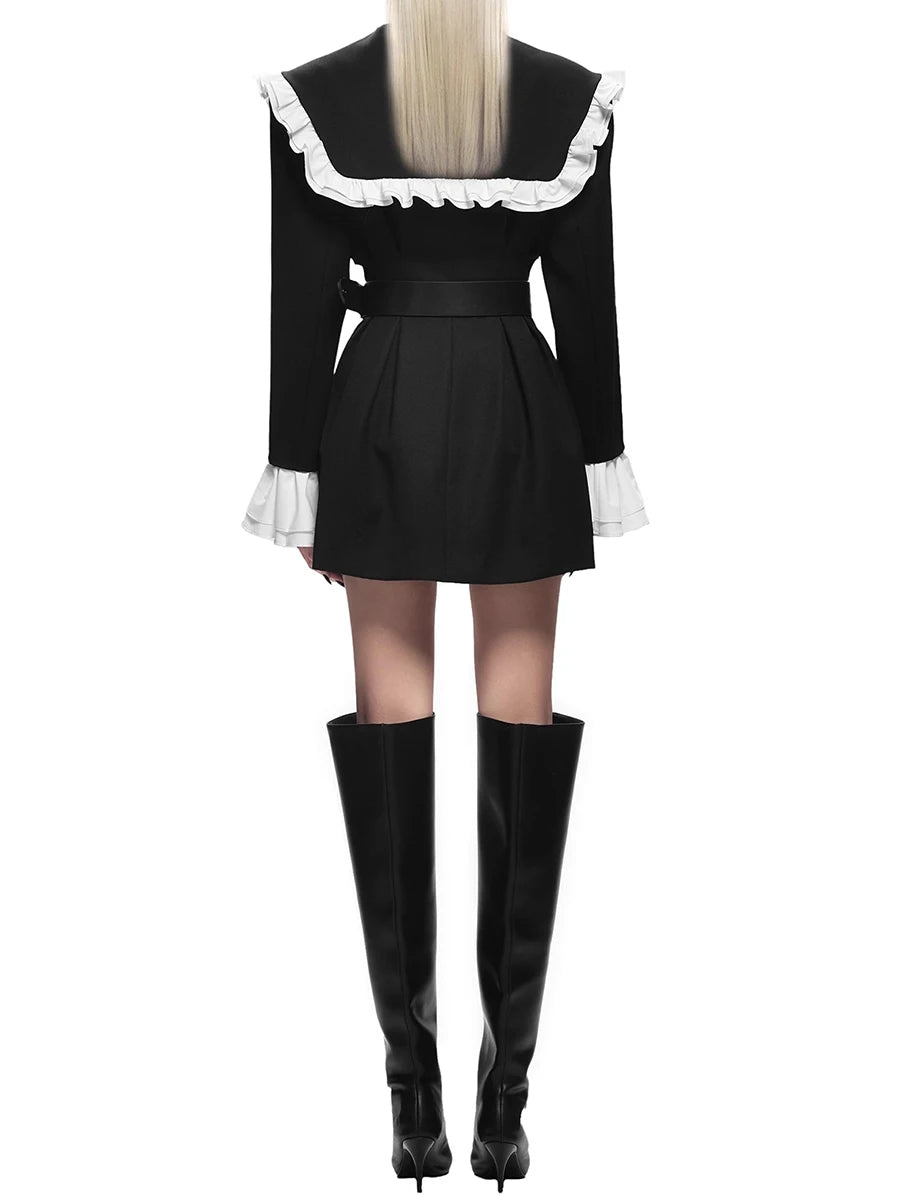 Hit Color Slimming Spliced Double Breasted Jackets for Women Peter Pan Collar Long Sleeves Fashion Jacket Female