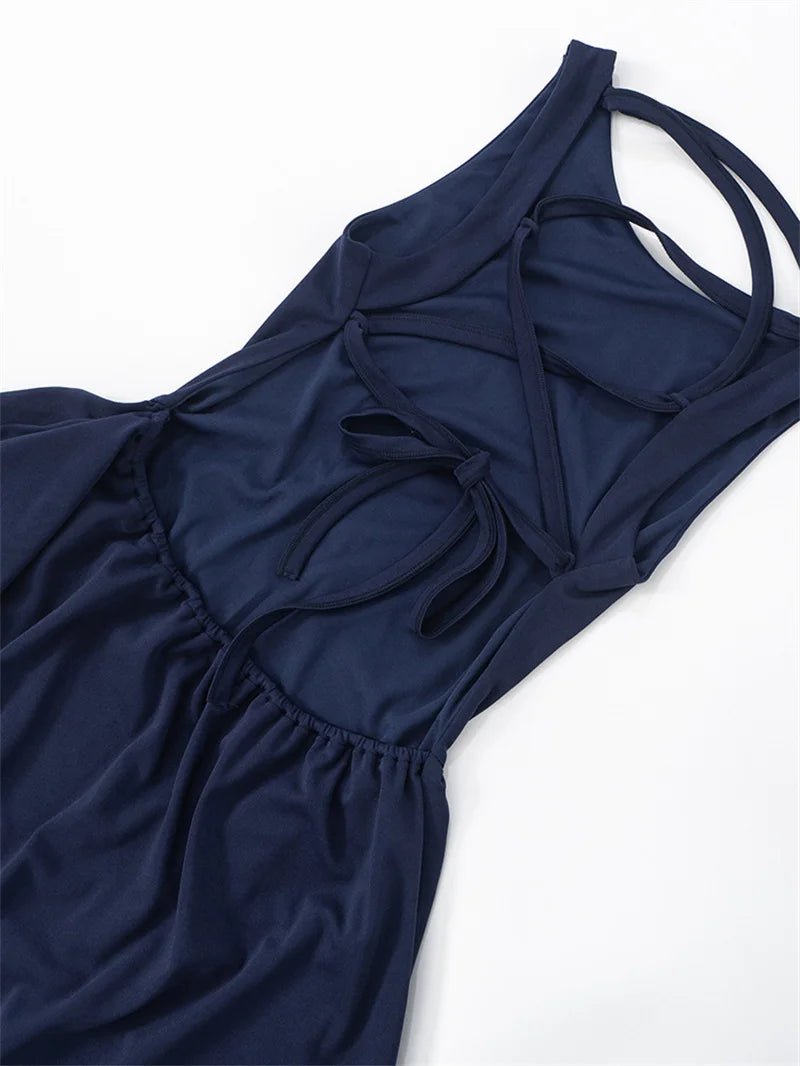 Backless Lace-up Sexy Mini Dress Women Robe Fashion O Neck Sleeveless High Waist A-line Club Party Dress Elegant