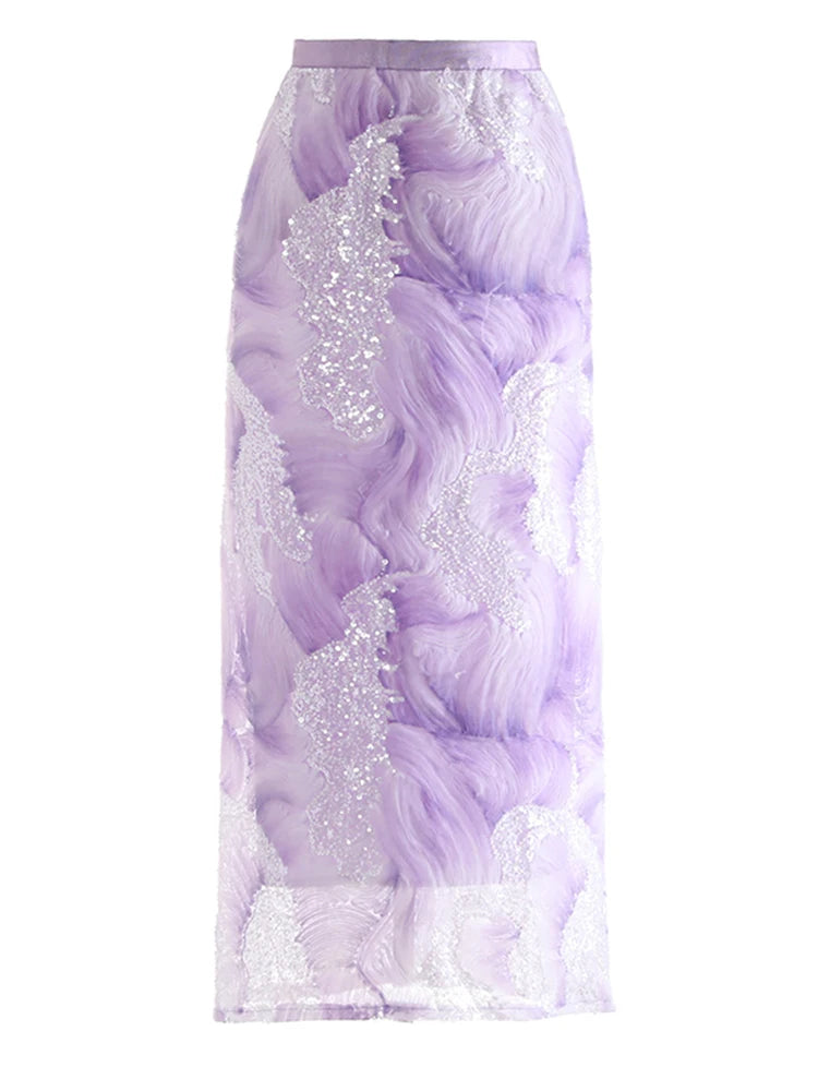 High Elastic Waist Blue Tie Dye Nailed Mesh Elegant Long Half-body Skirt Women Fashion Tide New Spring Autumn 20251DJ0705