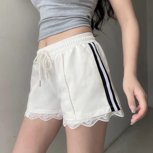 Load image into Gallery viewer, Casual Stripe Lace Spliced White Women Shorts Drawstring Elastic Waist Korean Style Homewear Summer Short Pants Hot
