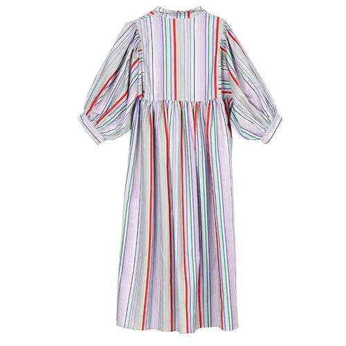 Load image into Gallery viewer, Women Striped Spliced Long Shirt Dress New Stand Collar Three-quarter Sleeve Loose Fit Fashion Spring Autumn 2025 1DE0219
