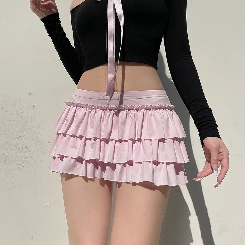 Hotsweet Pink Coquette Low Rise Mini Skirt Ruched Korean Lolita Cake Women Skirts Bow Three-Layers Folds Hottie Y2K