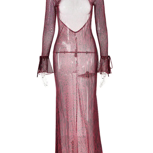 Load image into Gallery viewer, Fashion Long Sleeved Hollow Out Open Back Mesh Dress For Women Print Elegant Female New Slim Party Evening Dress 2024
