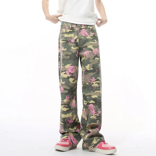 Load image into Gallery viewer, Niche Men&#39;s Denim Pants Rose Printing Camouflage Contrast Color Loose Trousers Straight Wide Leg Casual Male Jeans 9C8898
