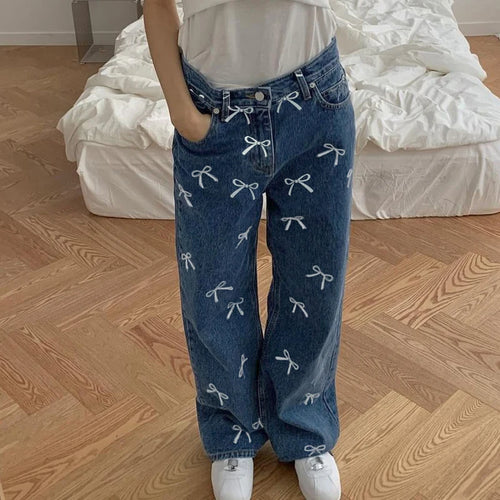 Load image into Gallery viewer, Korean Fashion Bow Pattern Printed Women Jeans Low Waisted Straight Leg Denim Trousers Cute Sweet Harajuku Sweatpants
