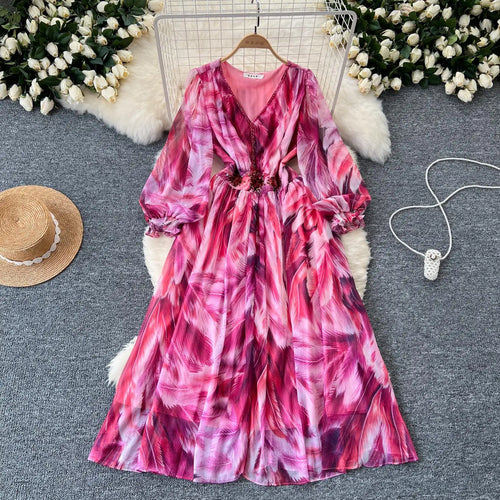 Load image into Gallery viewer, French Women Print Sequin Evening Party Dress Autumn V Neck Elegant Lantern Long Sleeved Temperament Pleated Dress Bohemian Chic
