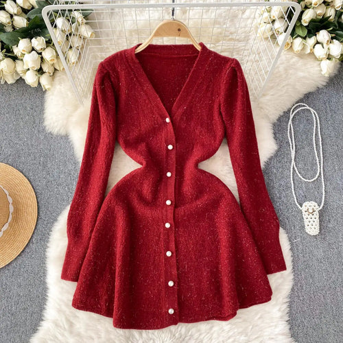 Load image into Gallery viewer, French Fashion Women Solid Single Breasted Elegant V Neck Short Dress Autumn Winter Long Sleeves Knitted Sweater Mini Dress Chic
