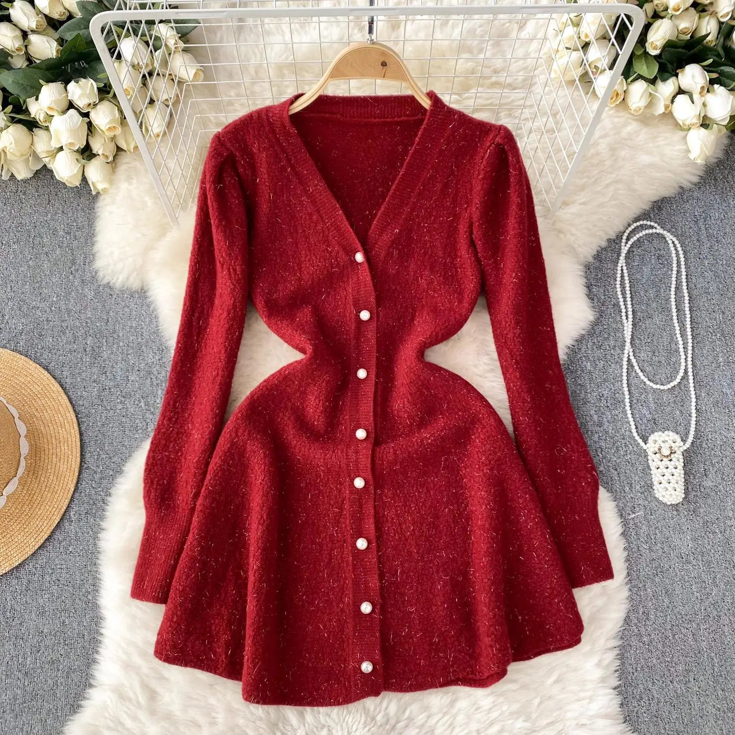 French Fashion Women Solid Single Breasted Elegant V Neck Short Dress Autumn Winter Long Sleeves Knitted Sweater Mini Dress Chic